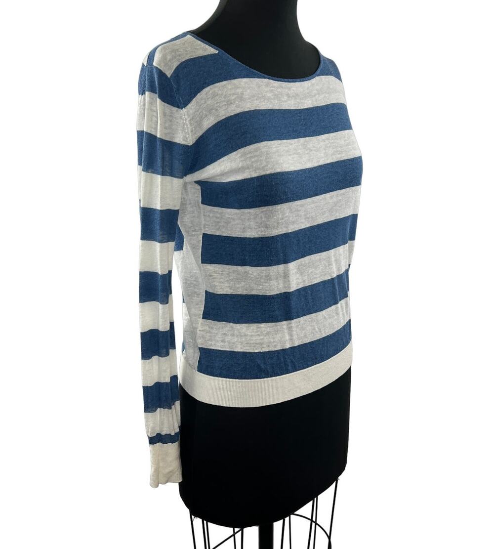 THEORY Blue White Stripe Linen Blend Long Sleeve Round Neck Pullover Sweater S